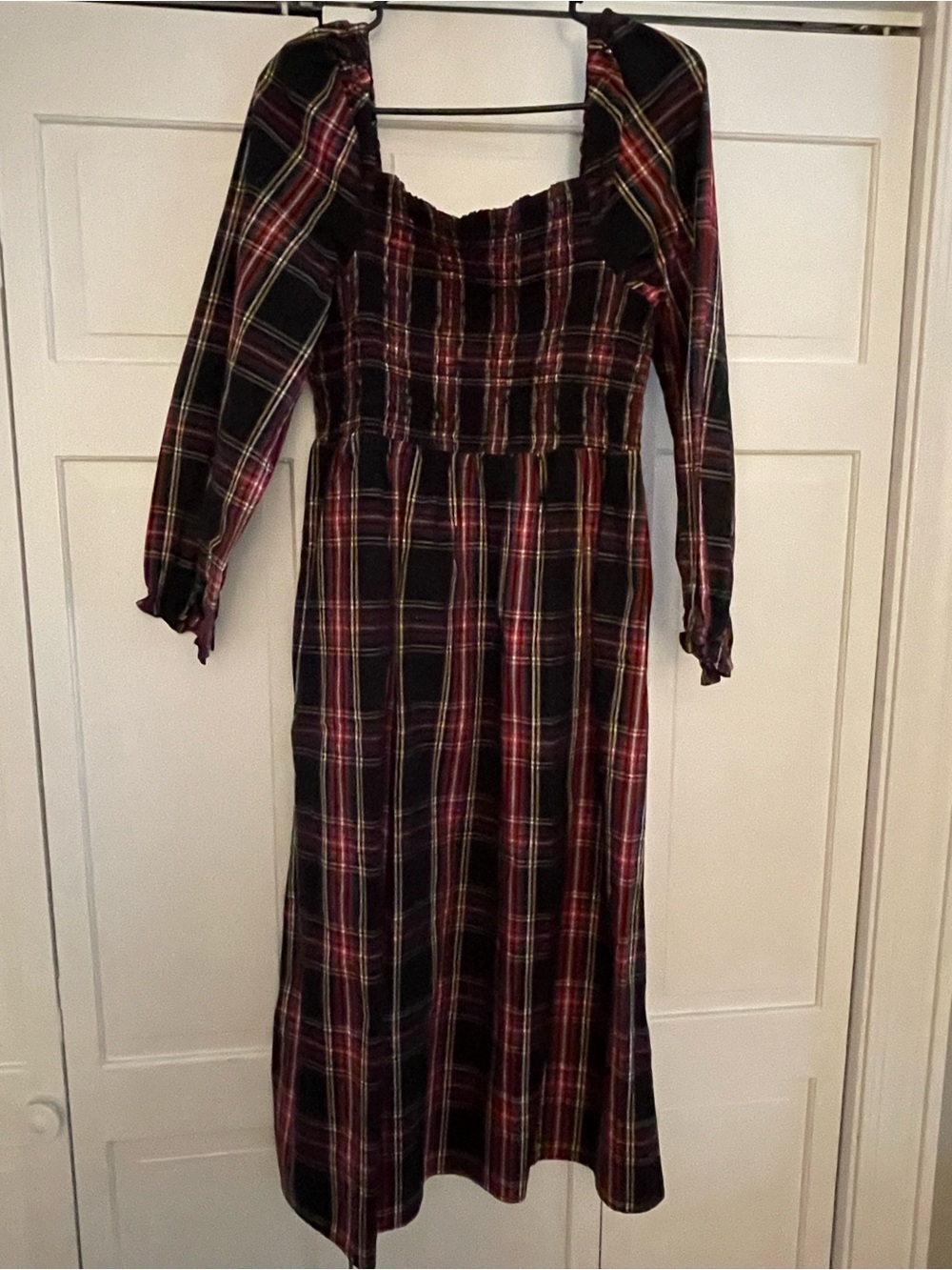 J. Crew Factory Black and Red Plaid Smocked Midi Dress